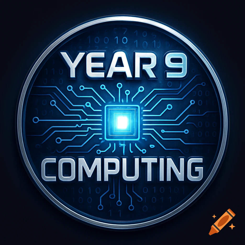 A circular logo for 'YEAR 9 COMPUTING' featuring a glowing blue circuit board and binary code on a dark background.