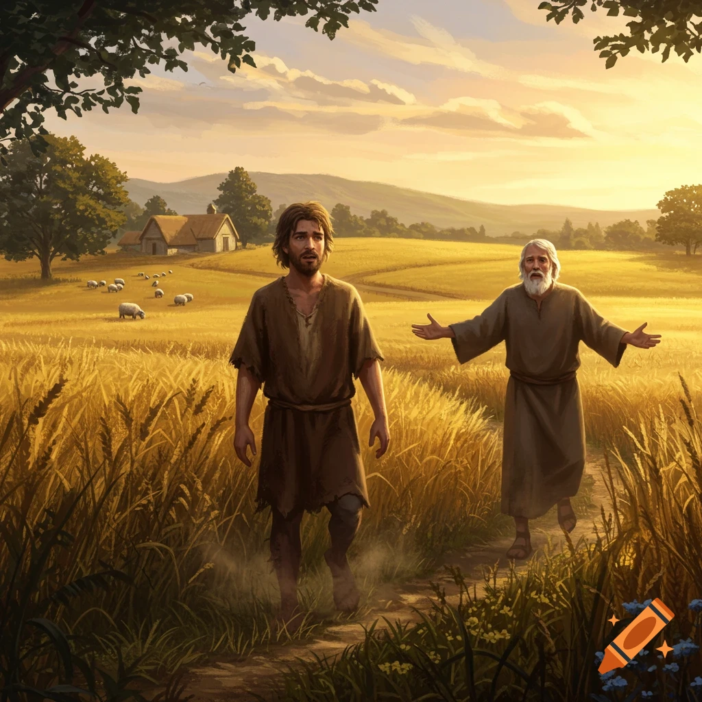 An illustration of two men in ancient robes in a golden wheat field at sunset, with distant houses and sheep.