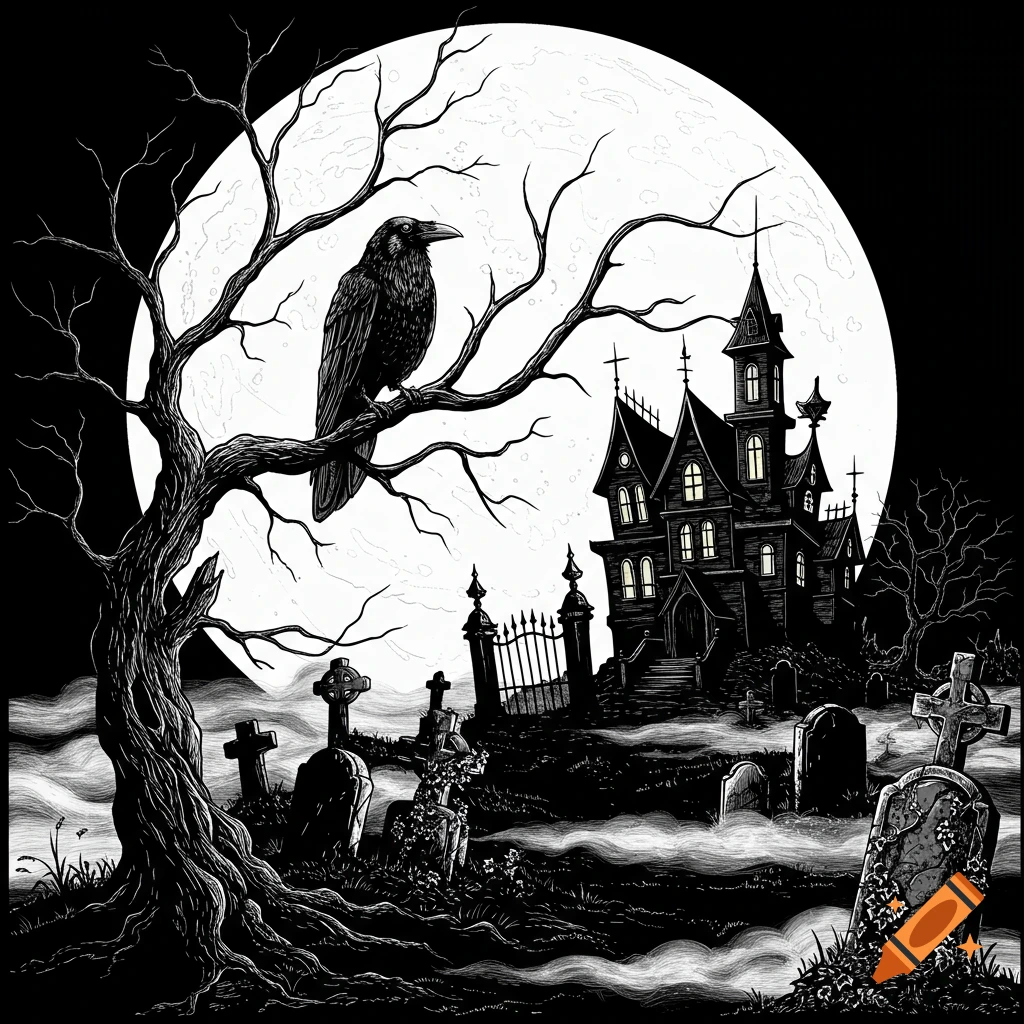 A black and white illustration of a spooky Halloween scene with a crow on a bare tree, a haunted house, graveyard, and full moon.