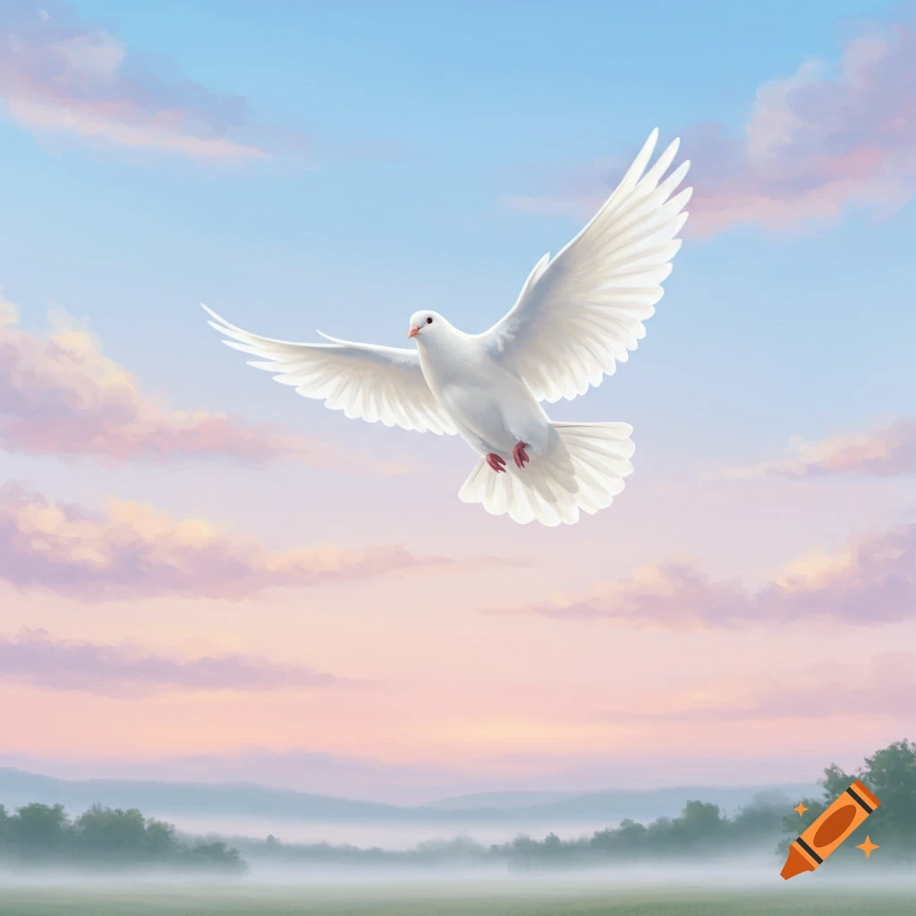 A white dove with outstretched wings flies across a serene pastel sky with soft clouds and a misty landscape below.