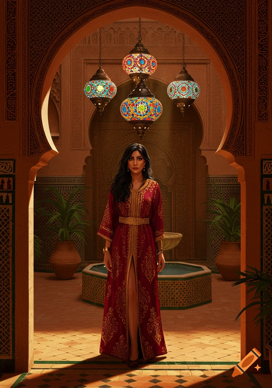 A woman in a red Moroccan caftan stands under ornate lanterns in a courtyard with arched doorways and mosaic tile details.