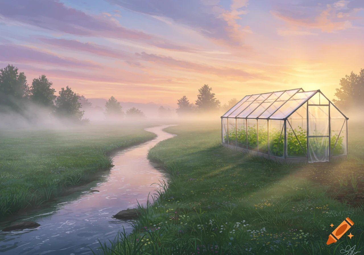 A digital painting of a greenhouse in a misty, grassy field with a winding stream at sunrise.