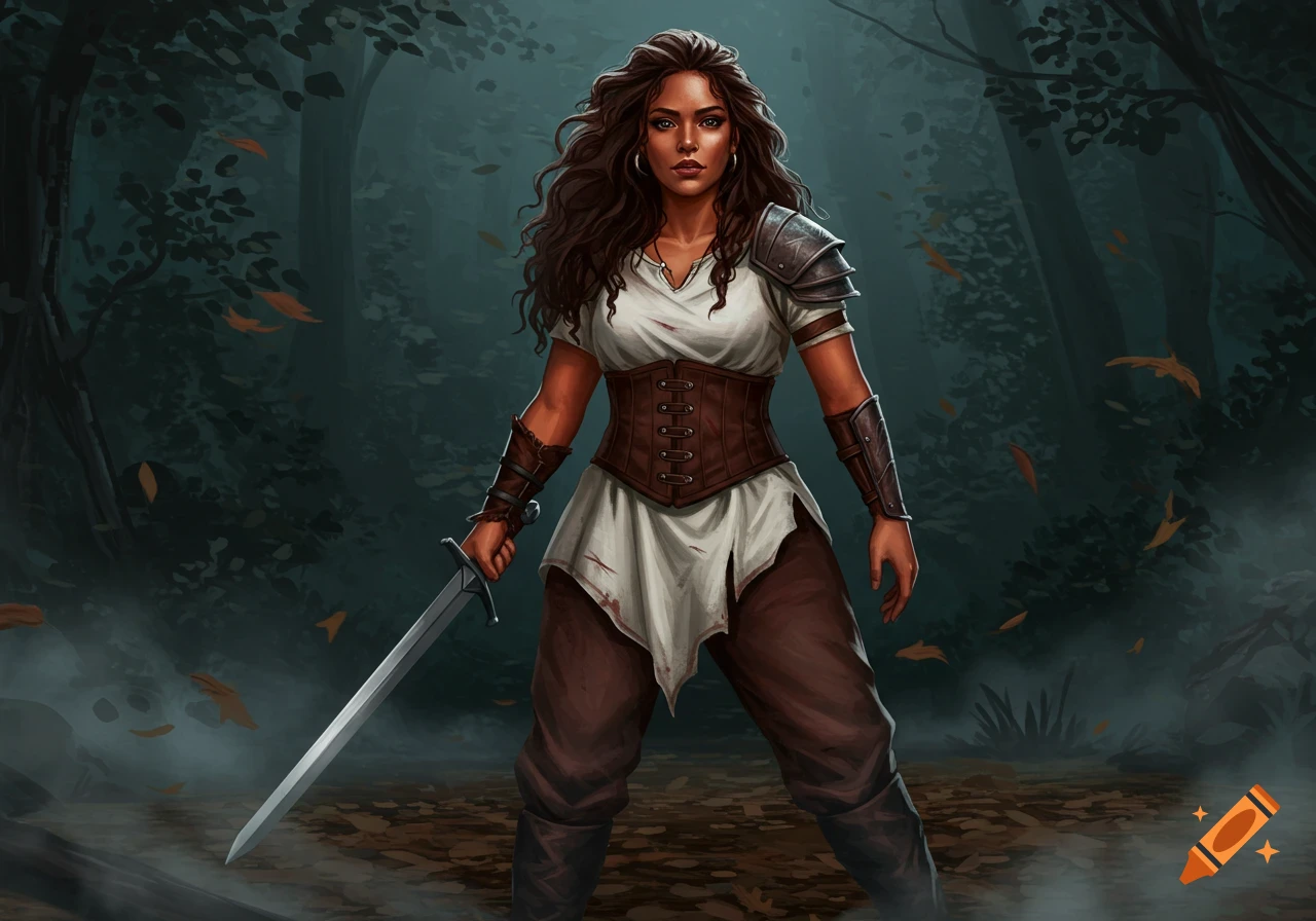A young woman warrior with curly brown hair, white tunic, brown corset, and shoulder armor stands with a sword in a dark forest illustration.