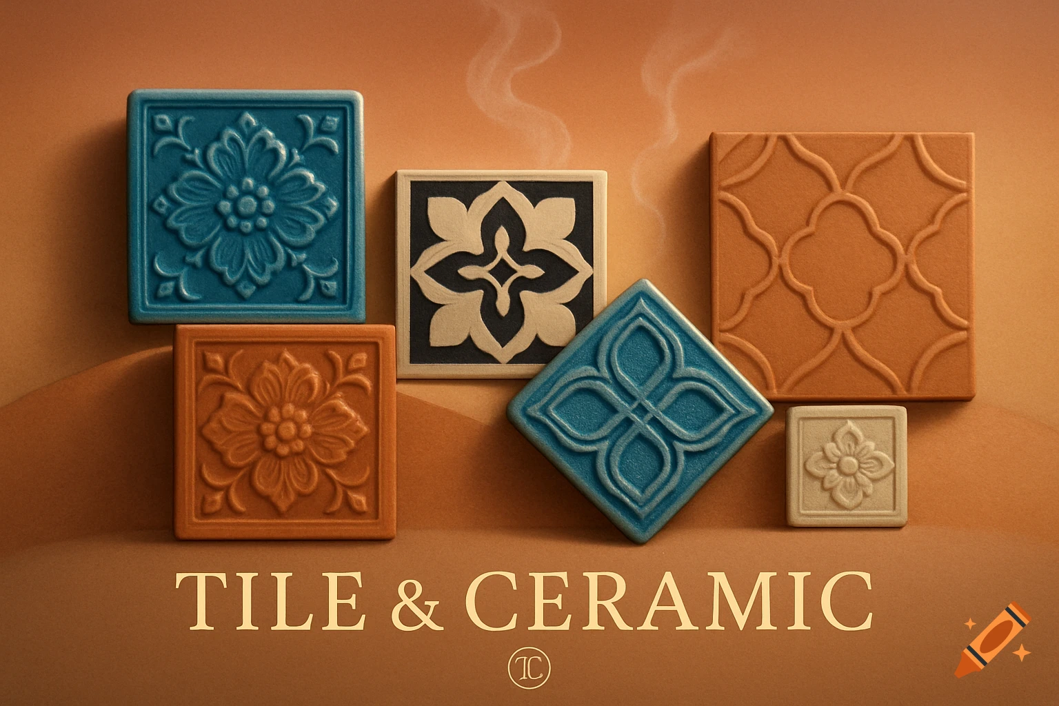 A collection of colorful decorative ceramic tiles in various patterns, with text 'TILE & CERAMIC' at the bottom.