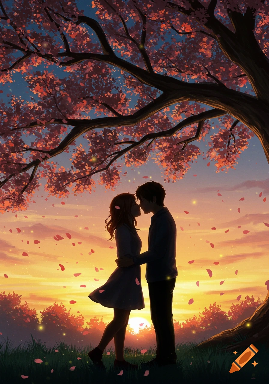 An anime couple embraces under a cherry blossom tree at sunset with falling petals.