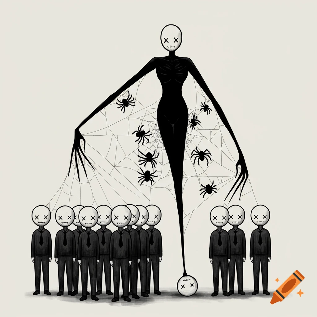 A tall, black, slender figure with spiderwebs and spiders on its arms looms over small, suited figures with X's for eyes, one of which dangles upside-down.