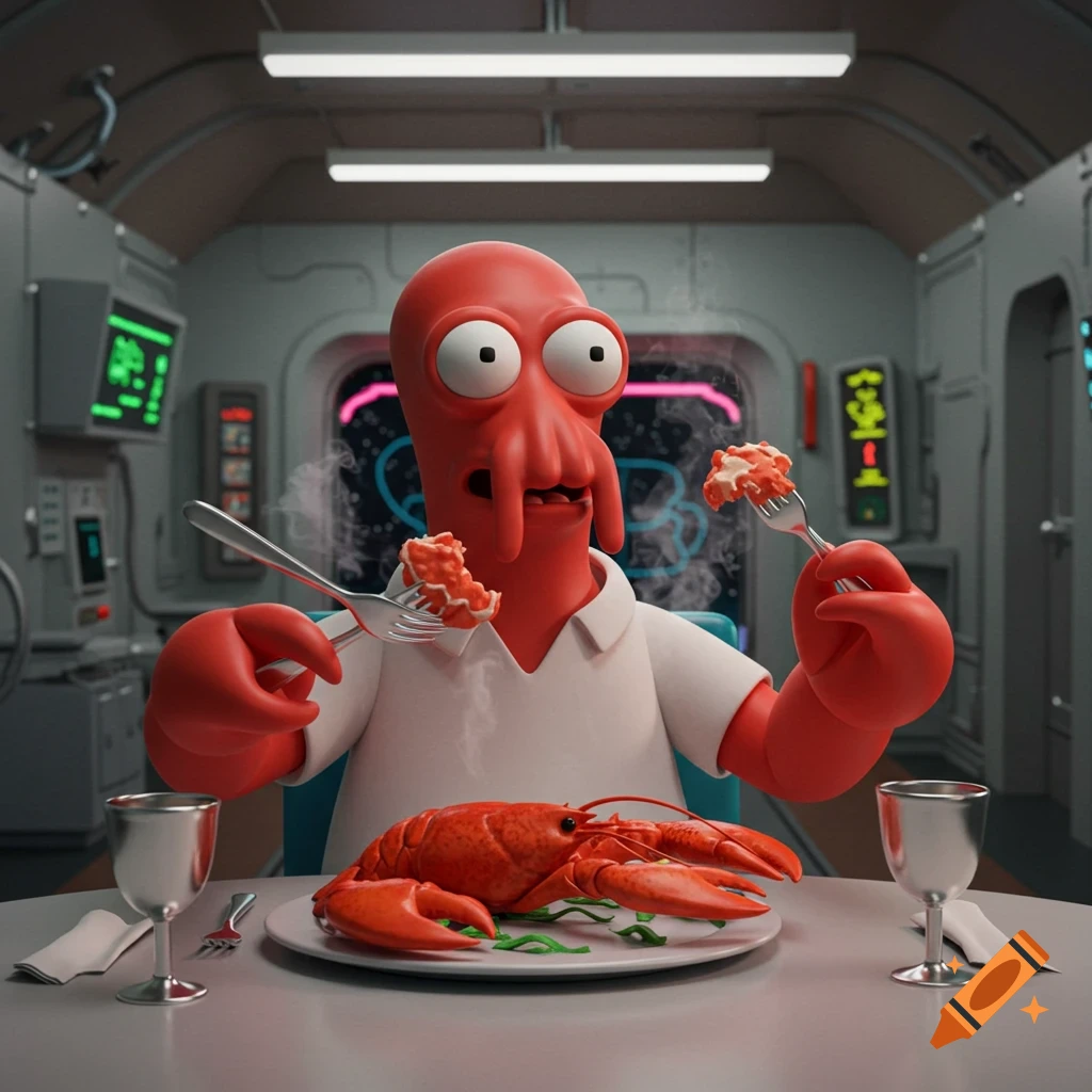 A 3D rendered Dr. Zoidberg, a red alien, eats lobster with two forks in a spaceship, with a whole lobster on a plate.