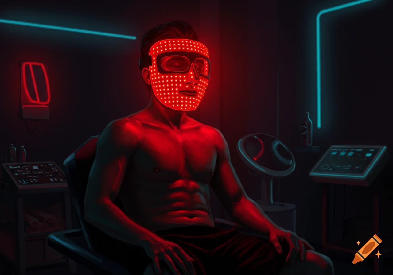 A shirtless man with a red LED light therapy mask on his face sits in a dark, neon-lit room.