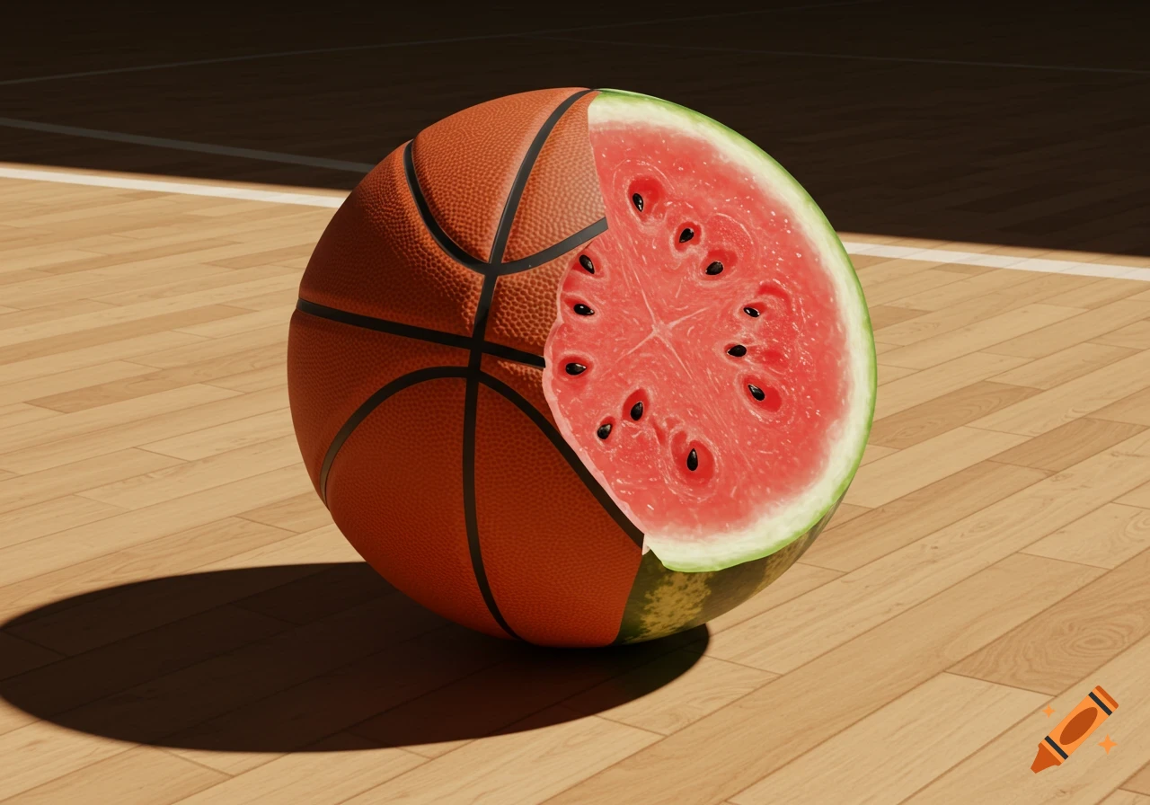 A basketball merged with a half-cut watermelon on a wooden basketball court.