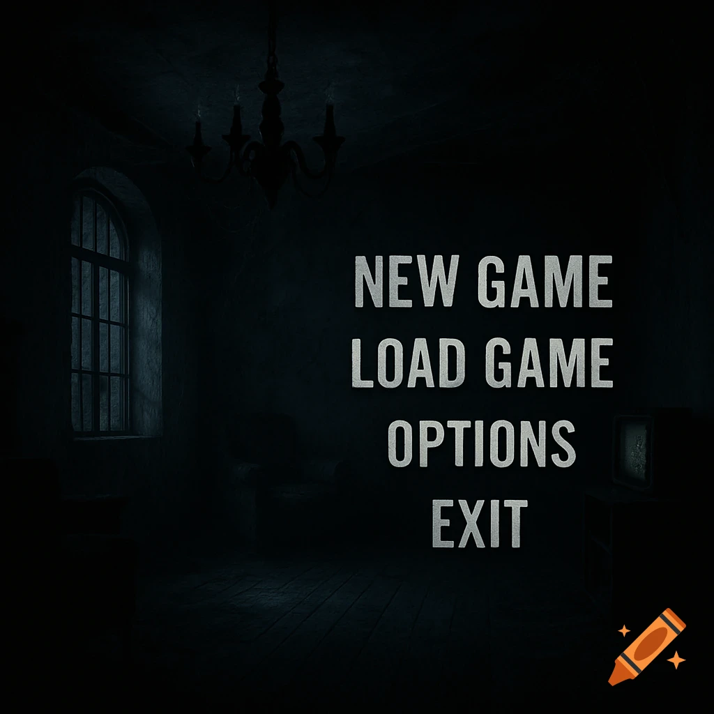 Game menu in a dark, creepy room with a barred window and chandelier, showing options like New Game, Load Game, Options, Exit.