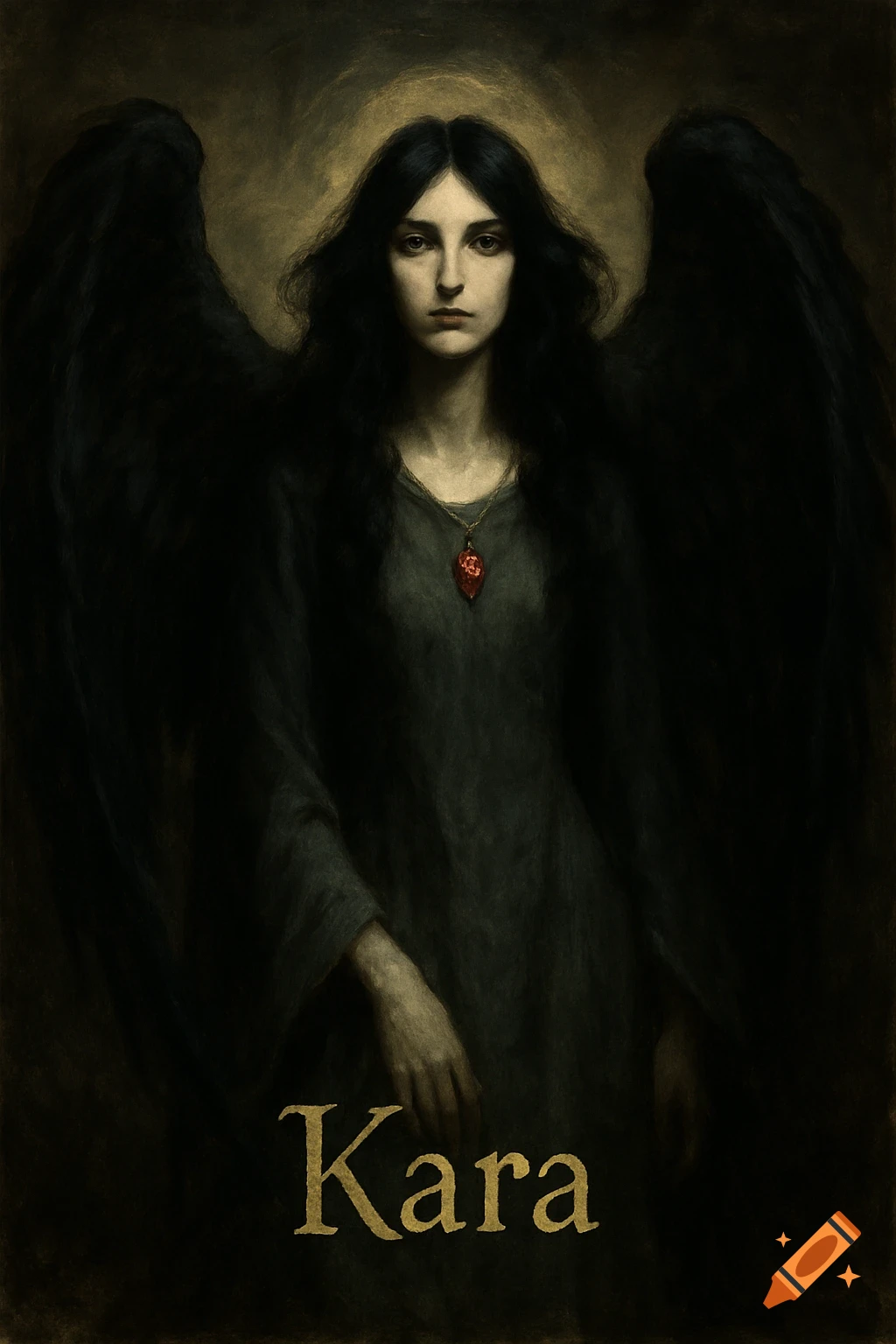 Painterly portrait of a dark-haired angel with black wings, wearing a grey robe and ruby amulet, with 'Kara' written below.