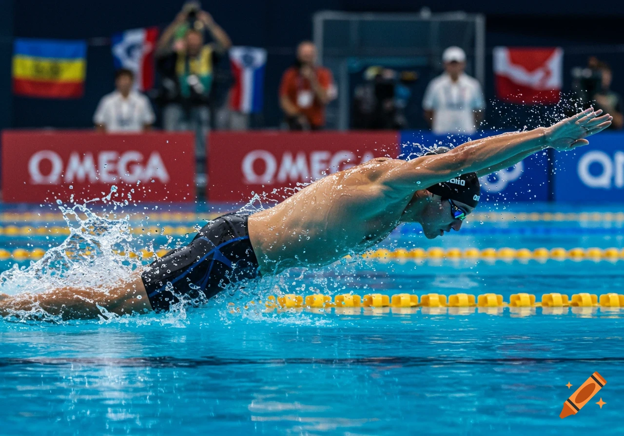 A male swimmer in goggles and cap dives into a pool during a competition, water splashing around him.