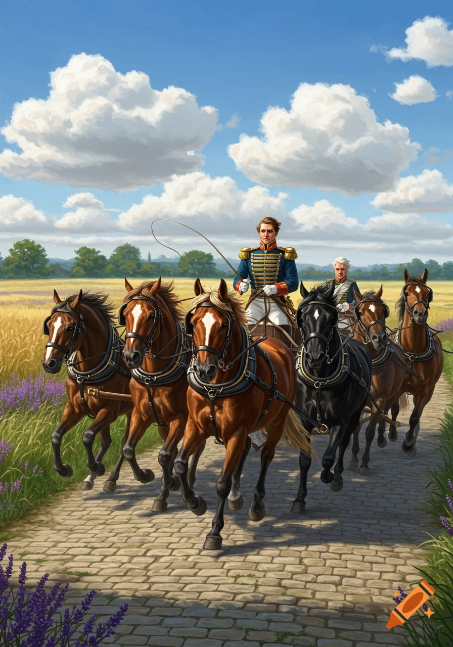 Illustration of two men in historical military uniforms driving a team of horses along a cobblestone path through golden fields.