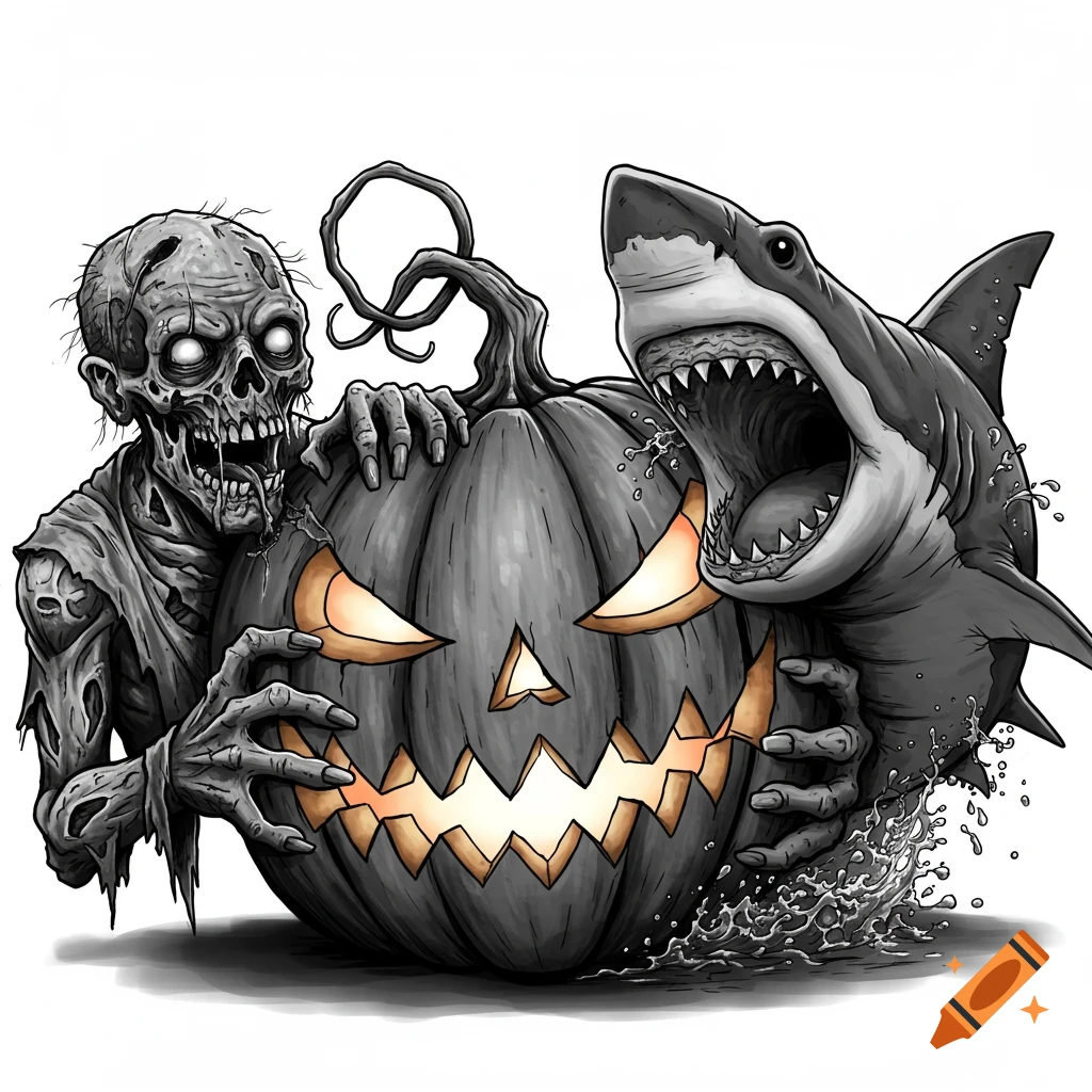 A stylized black and white illustration of a zombie and a shark biting a glowing jack-o'-lantern.