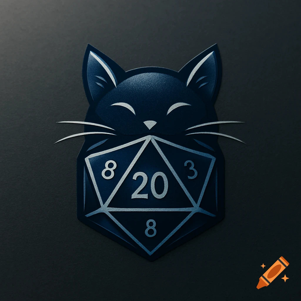 Stylized dark blue cat head forming a d20 dice logo with numbers 8, 20, 3, and 8 visible.