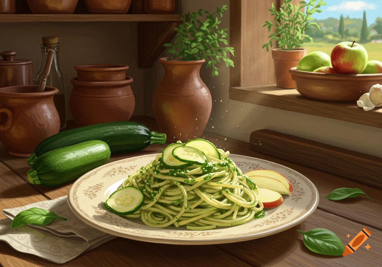 A plate of pesto pasta with zucchini and apple slices on a wooden table in a rustic kitchen.