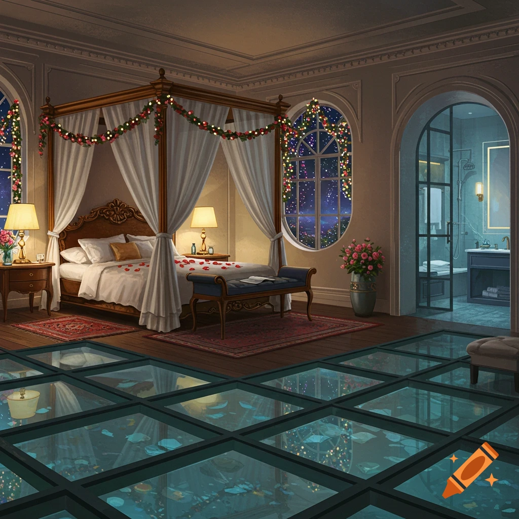 A luxurious bedroom with a canopy bed, rose petals, arched windows with fairy lights, and a glass floor over water.