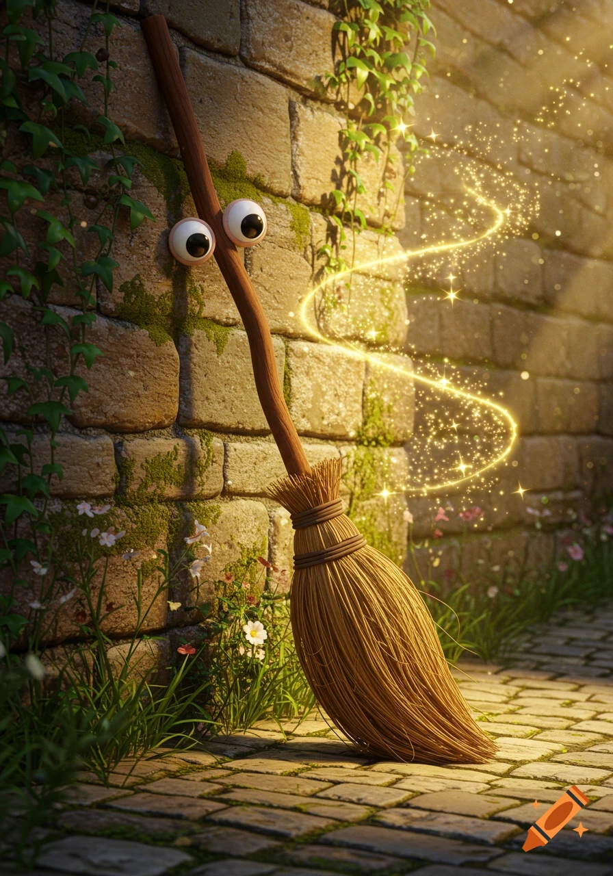 A whimsical broom with googly eyes leans against a mossy stone wall, emitting golden magical sparkles.