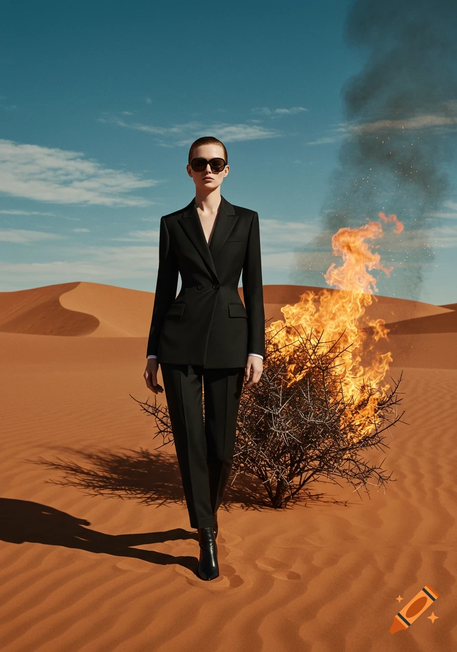 A woman in a black suit and sunglasses walks through a desert with a burning bush.