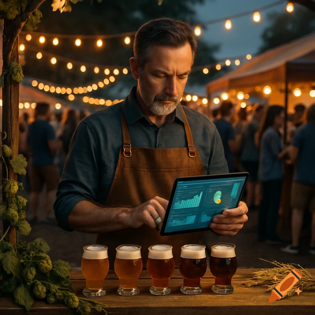 A man in an apron at a craft beer booth reviews data on a tablet, with several small glasses of beer on the counter, at an evening market with string lights.