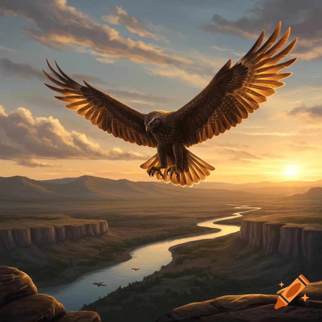 A large raptor with outstretched wings soars over a winding river in a canyon at sunset, digital art.