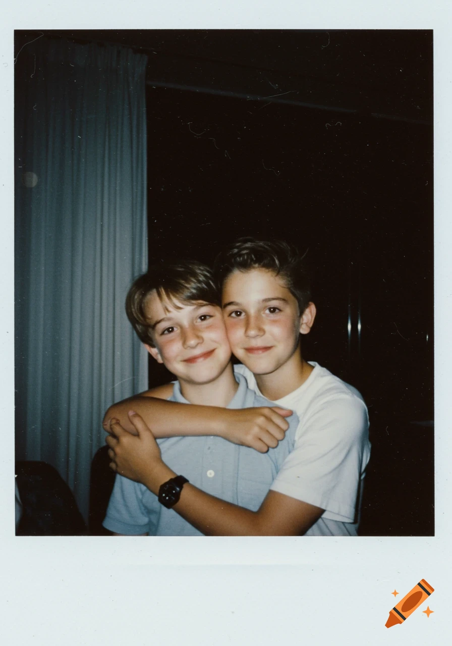 Two smiling young boys hug in a vintage-style polaroid photo, one in a blue polo, the other a white tee.