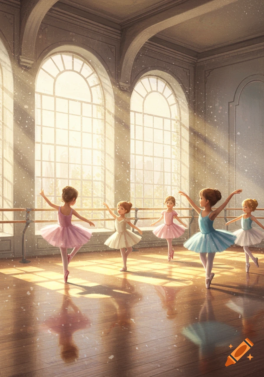Five young ballerinas in pink, white, and blue tutus practice in a brightly lit ballet studio with large arched windows.