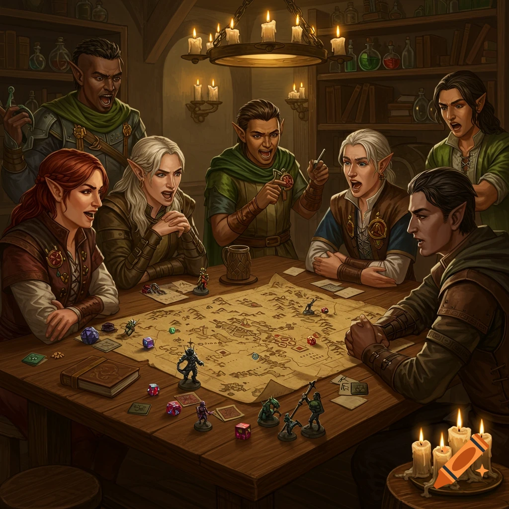 Fantasy illustration of elves playing a tabletop RPG game, gathered around a map with dice and miniatures in a candlelit room.