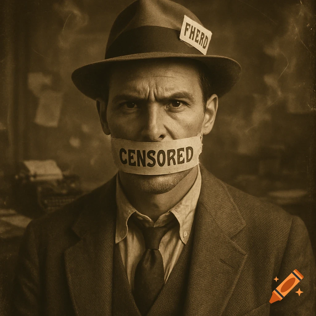 A vintage-style sepia-toned portrait of a man in a fedora and suit, with "CENSORED" tape over his mouth.