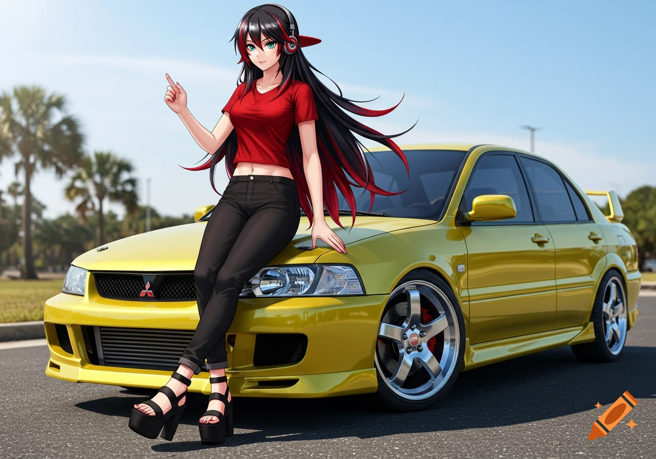 An anime girl with black and red hair, red top, and black jeans leans on a yellow 2002 Mitsubishi Lancer OZ Rally on a sunny day.