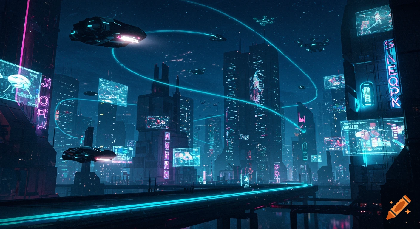 A sprawling futuristic cyberpunk city at night with neon-lit skyscrapers, holographic signs, and flying vehicles over glowing transport lanes.