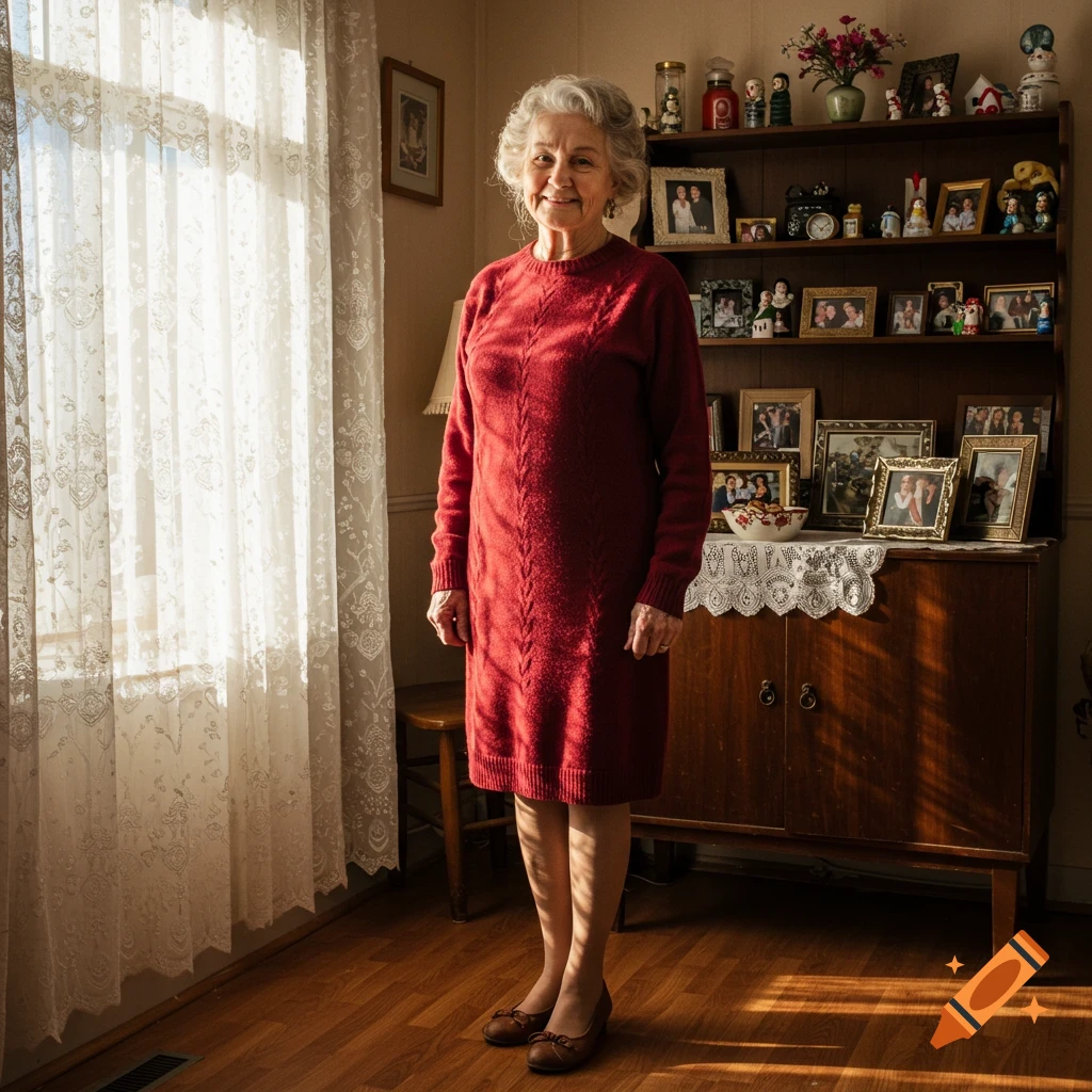 An elderly woman with gray hair smiles, wearing a red sweater dress and brown shoes, standing in a sunlit room with a curio cabinet behind her.