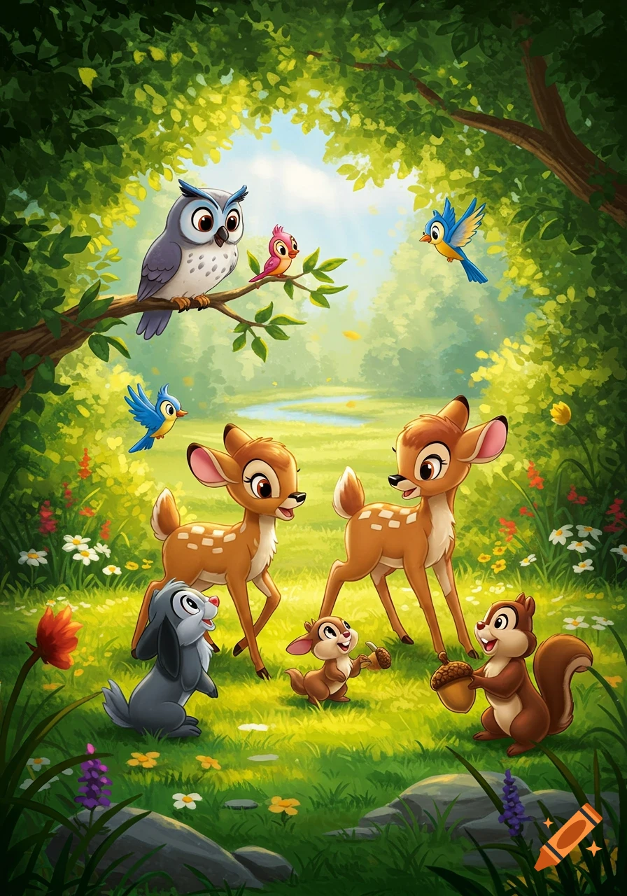 Two young deer, a rabbit, two chipmunks, an owl, and small birds gather in a vibrant, sunny cartoon forest.