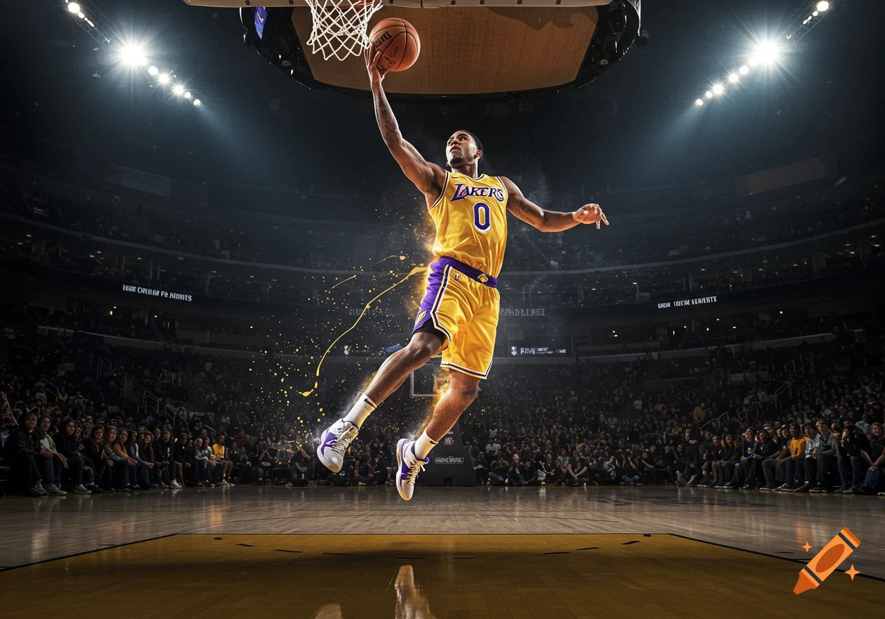 Photorealistic image of a basketball player in a yellow and purple Lakers uniform dunking in a brightly lit arena.