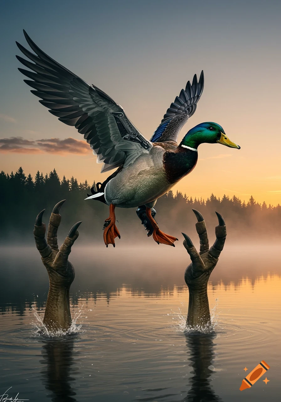 A mallard duck with mechanical wings takes flight over a misty lake at sunset, while two large, clawed monster hands emerge from the water below.