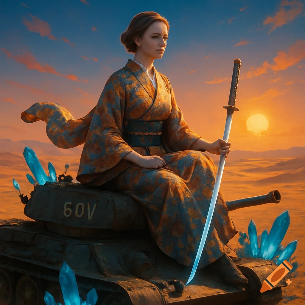 A woman in a patterned kimono sits on a tank with blue crystals, holding a katana at sunset in a desert.