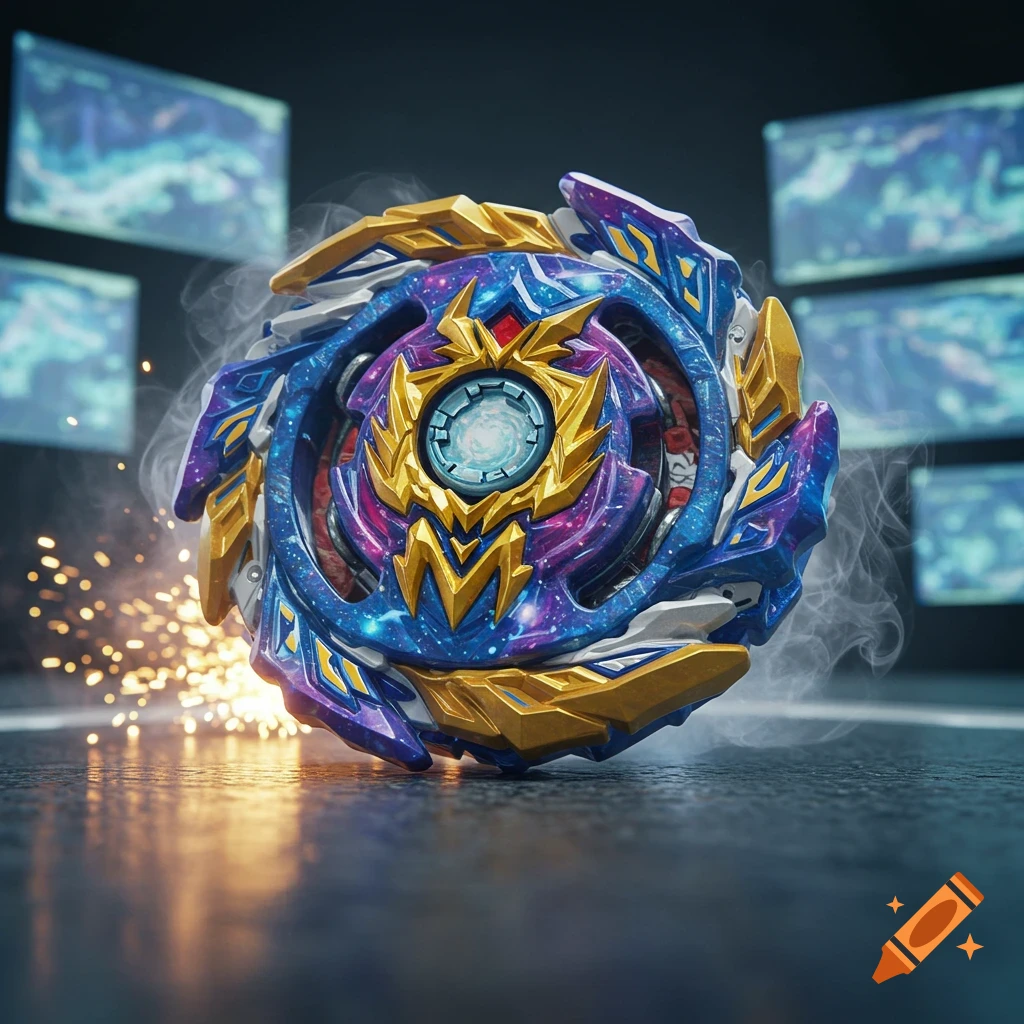 Photorealistic custom Beyblade-like top, blue, purple, and gold, spinning with smoke and sparks on a dark surface, with blurred screens in the background.