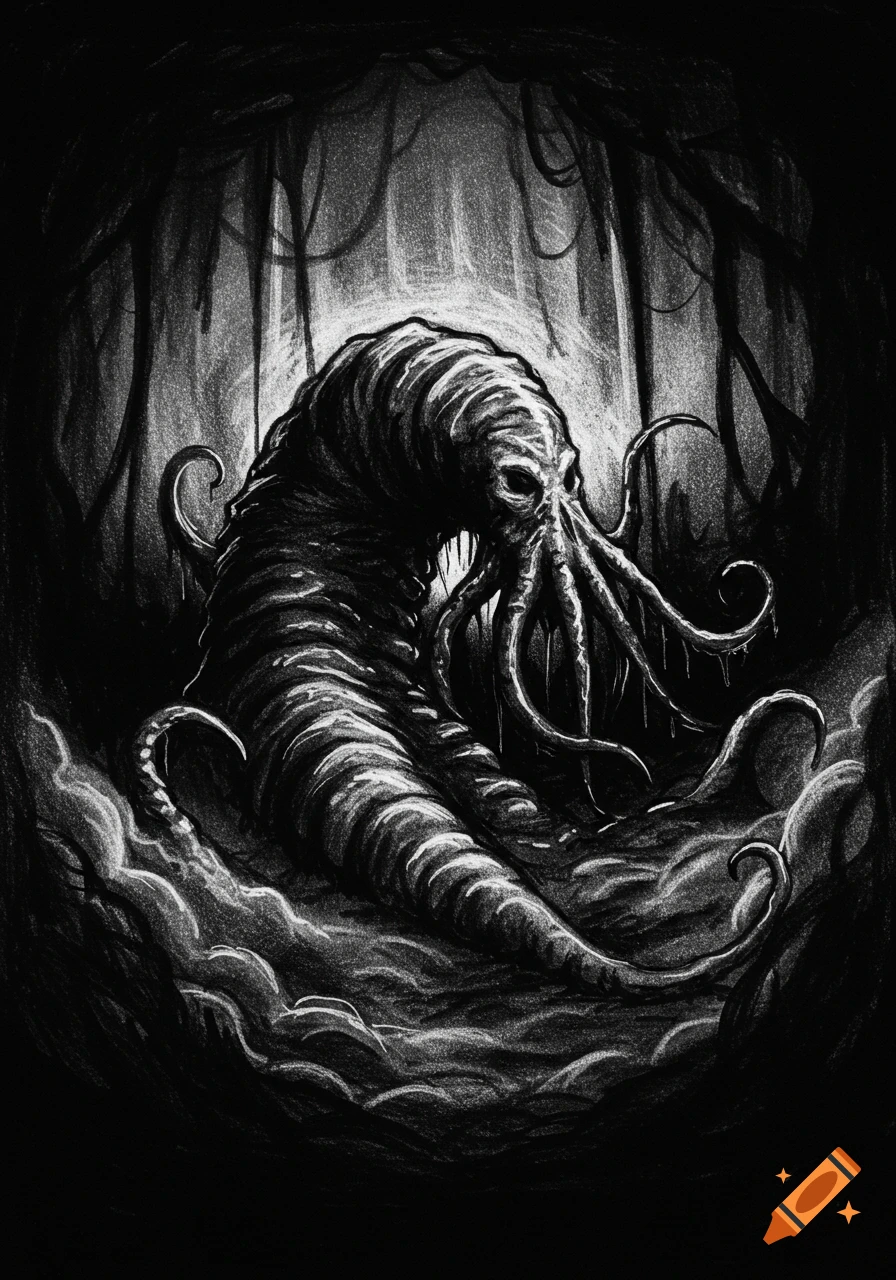 A grotesque, squid-like monster with tentacles emerges from shadowy ooze in a crude black and white charcoal sketch.