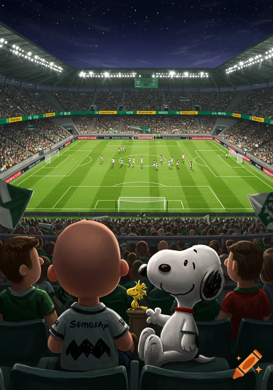 Snoopy, Woodstock, and a boy watch a football match from the stands in a brightly lit stadium at night.