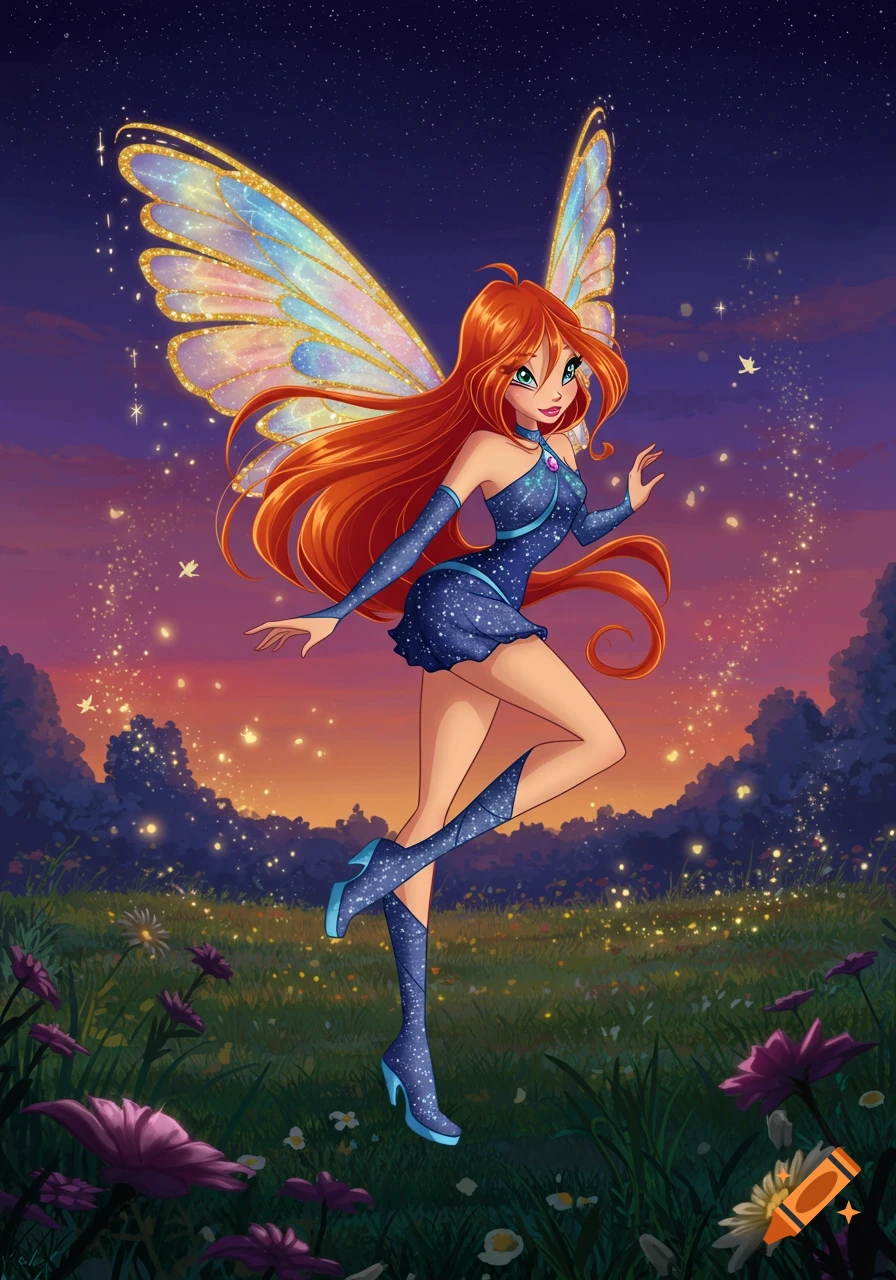 Bloom, a fairy with long red hair and shimmering wings, poses in a star-dusted blue outfit in a glowing twilight field with flowers.