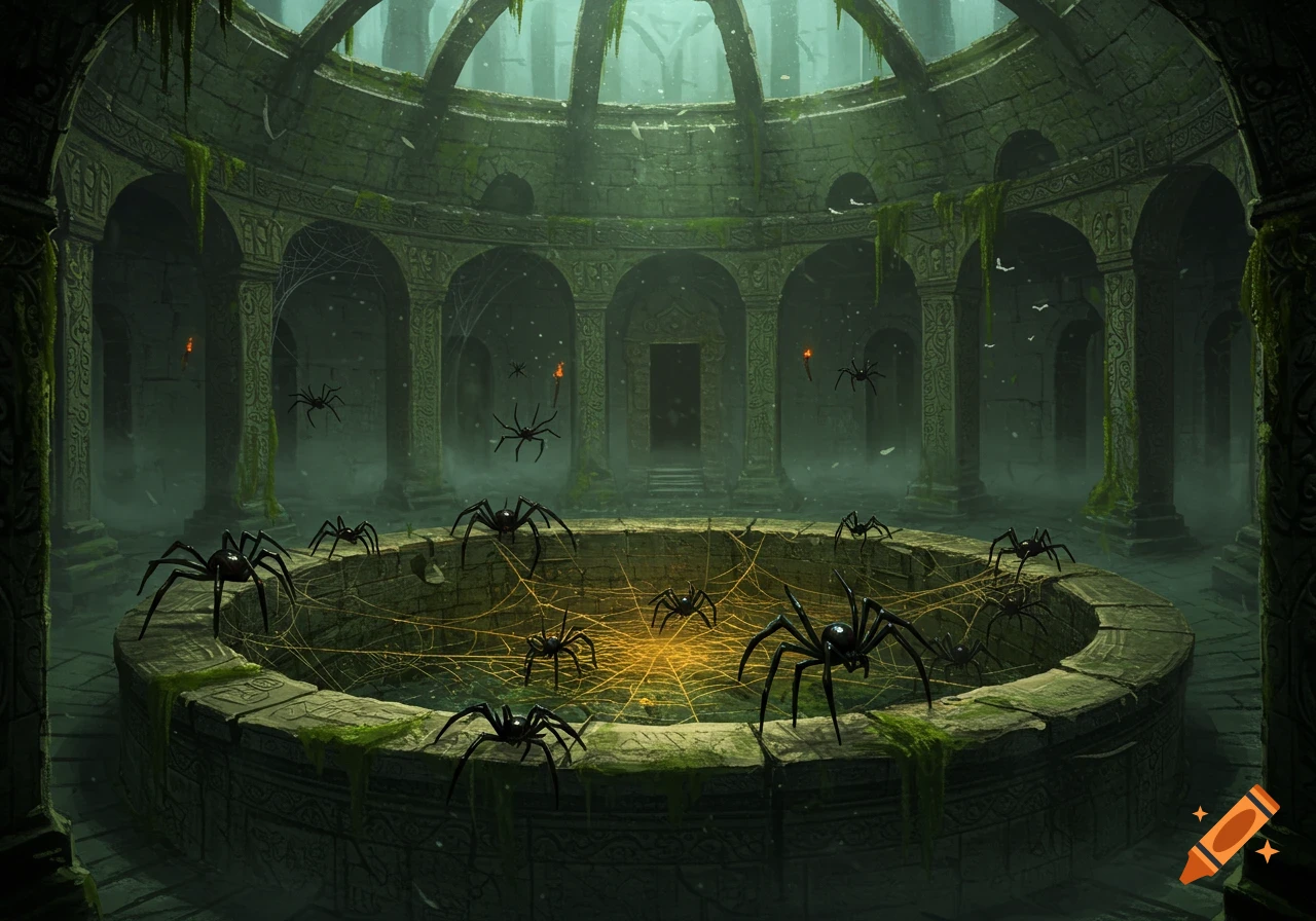 Eerie fantasy art of a mossy stone labyrinth chamber with a central pit, glowing spider webs, and numerous black spiders.