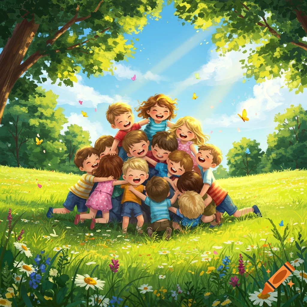 Many happy cartoon children in a dogpile in a sunny green field with trees and wildflowers, butterflies flying.