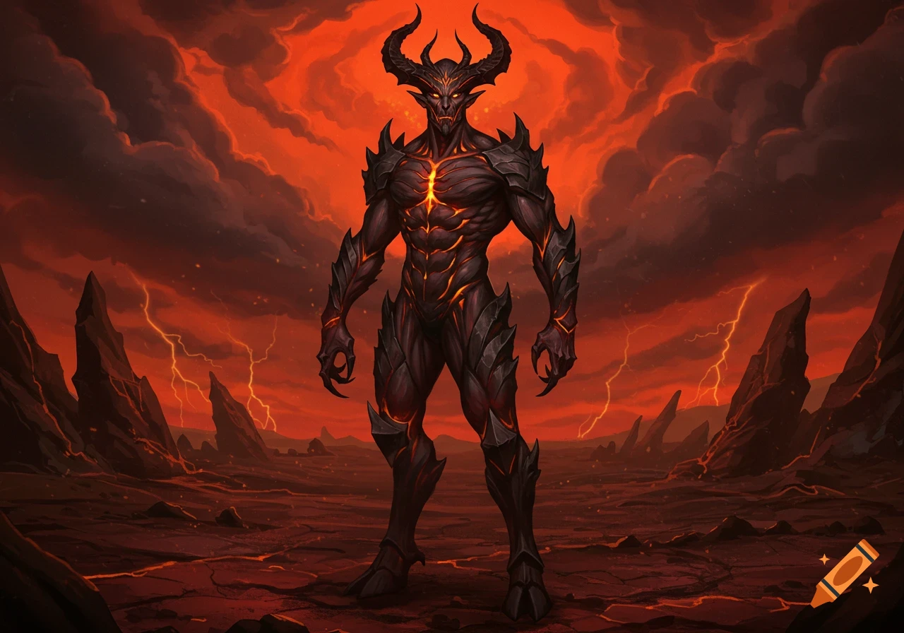 A powerful, horned demon with glowing red cracks on dark armor stands in a fiery hellscape with lightning under a red sky.