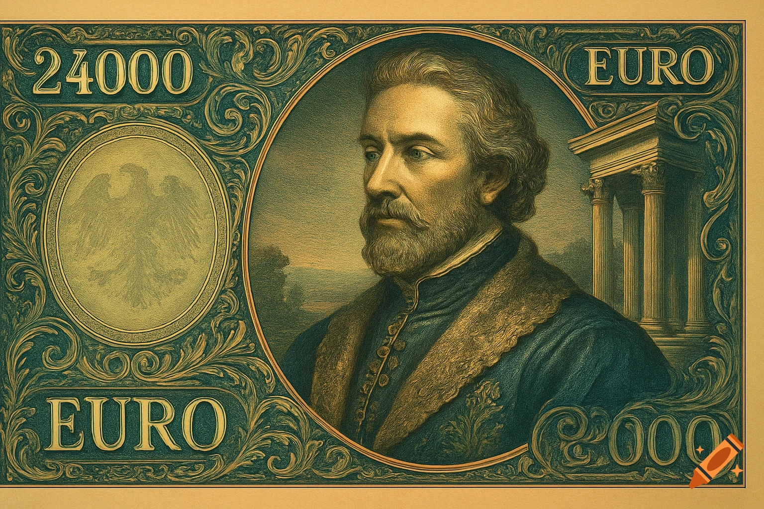 A decorative 24000 Euro banknote with an ornate frame, a portrait of a bearded man, an eagle emblem, and classical columns.