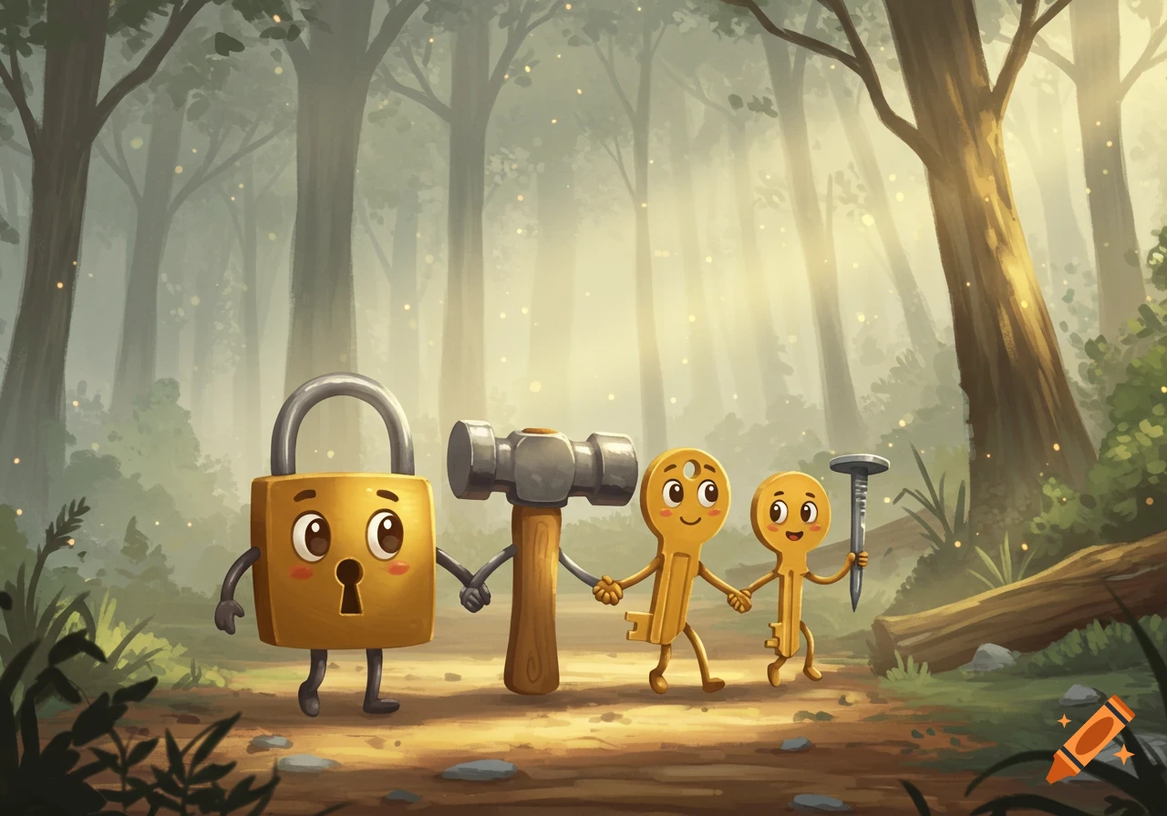 Whimsical cartoon of a padlock, hammer, two keys, and a nail, walking hand-in-hand on a misty forest path.