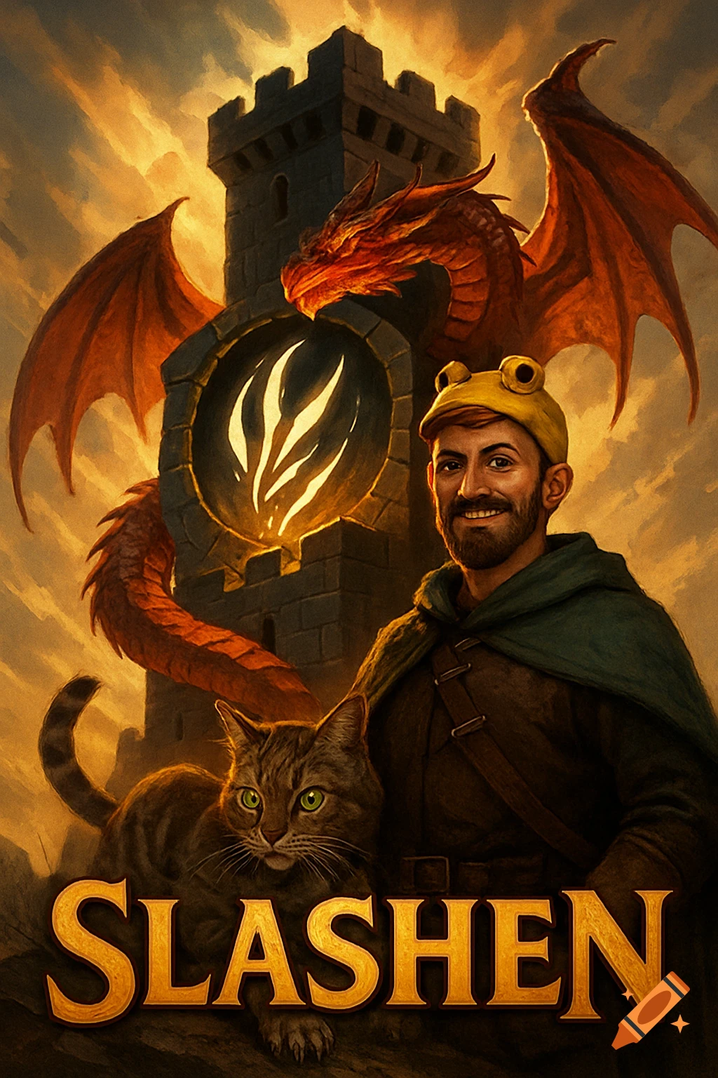 Fantasy game logo: A smiling man, cat, red dragon, and castle under a dramatic sky. Text 'SLASHEN'.