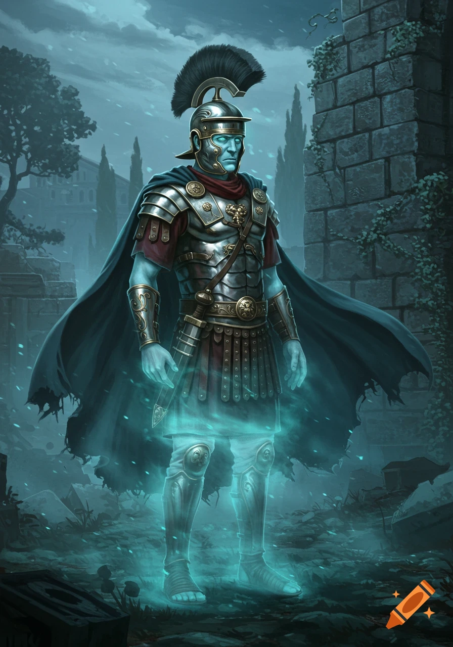 A spectral Roman centurion in full armor stands against a crumbling ancient wall under a dark sky, emanating a blue glow from his lower body.