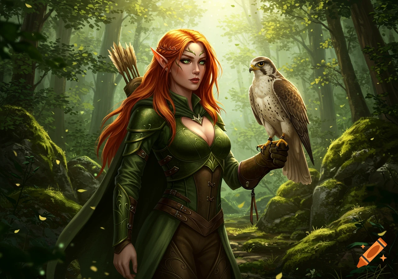 A red-haired elf ranger with green eyes holds a falcon on her gloved hand in a sunlit, enchanted forest. Realistic fantasy illustration.