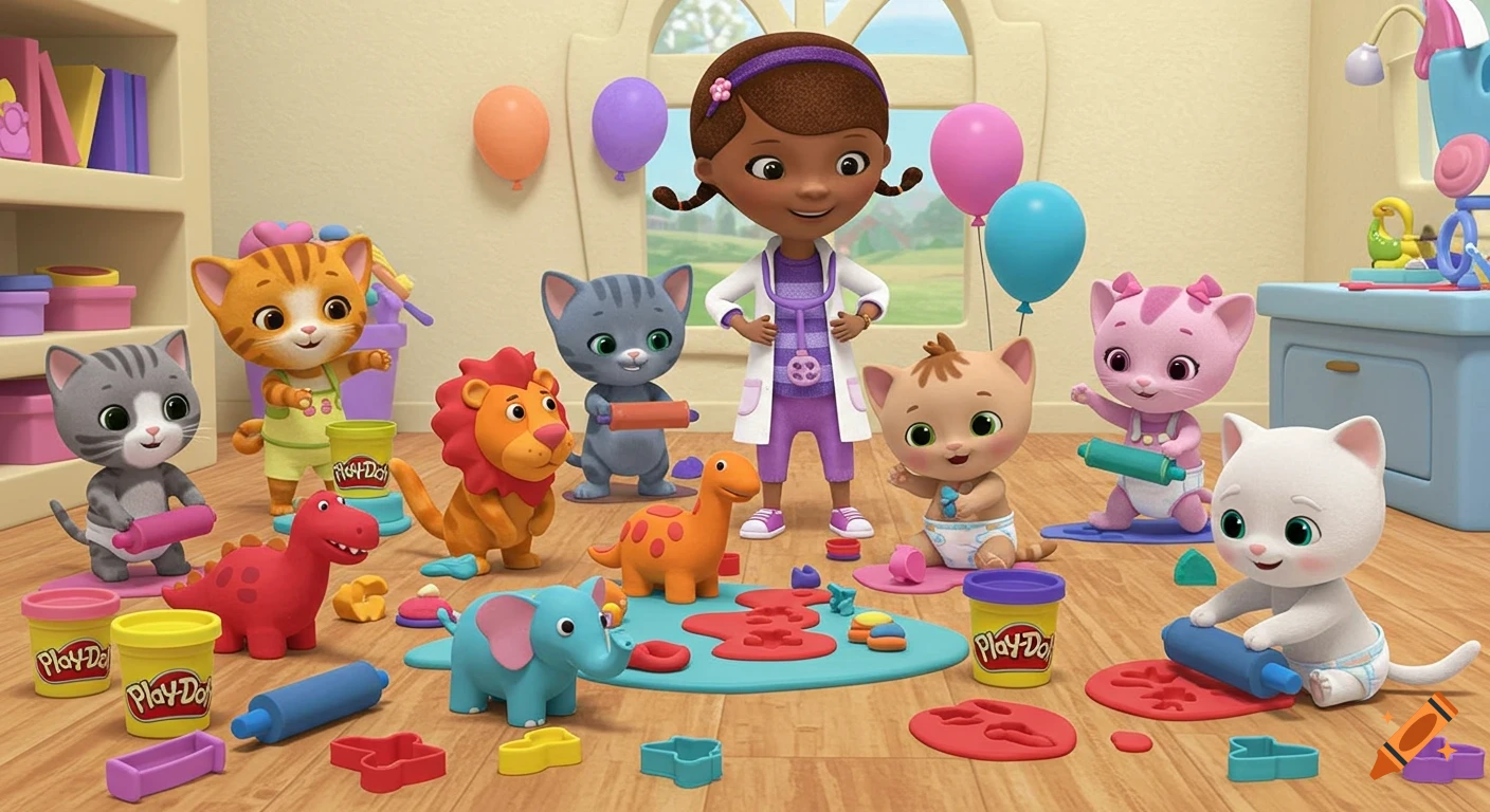 Doc McStuffins and several cartoon baby cats playing with colorful Play-Doh and rollers on a wooden floor in a cheerful room with balloons.