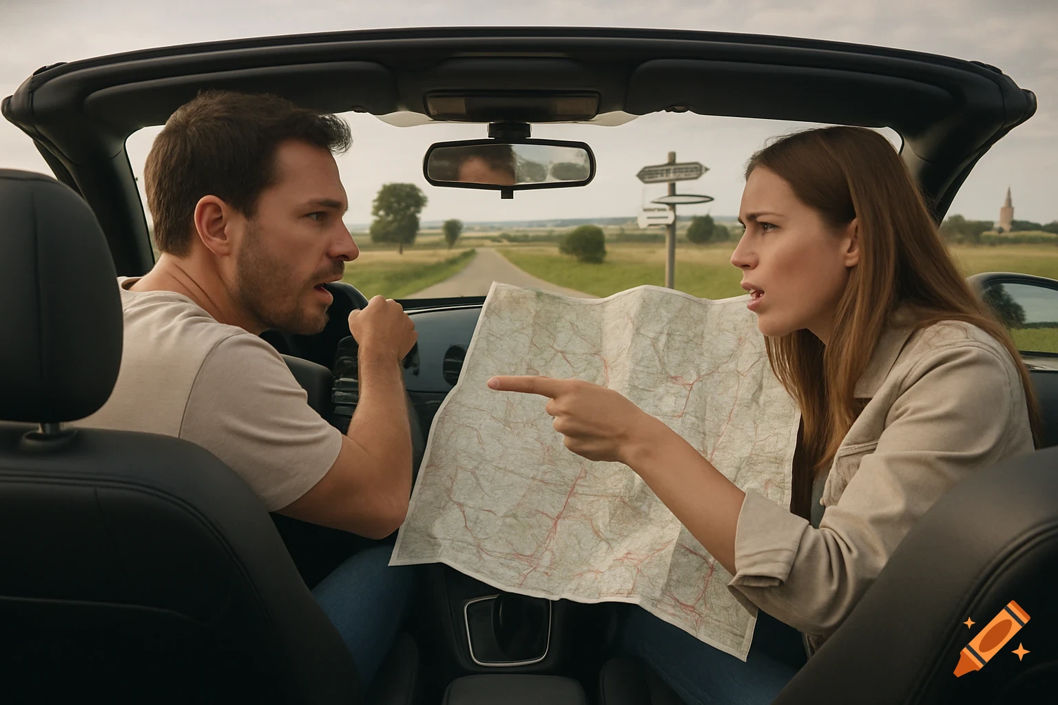 A man and woman argue over a paper map in a convertible, stopped at a rural T-junction with road signs.